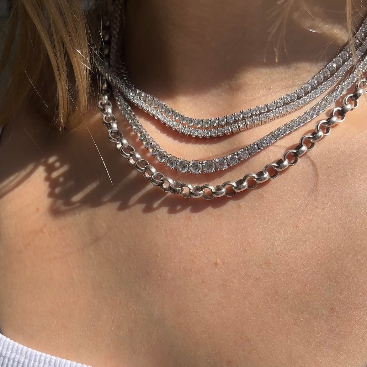 Our tennis choker necklace shown on neck